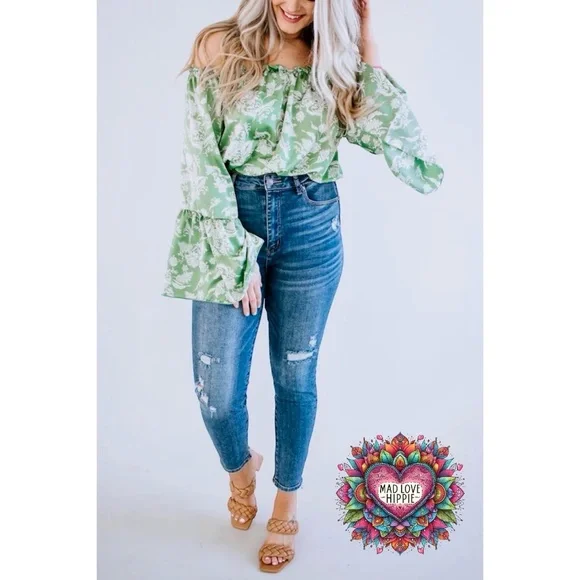Peach Love Sage Green Satin Large Floral Print Off Shoulder Bubble Top - Picture 5 of 7